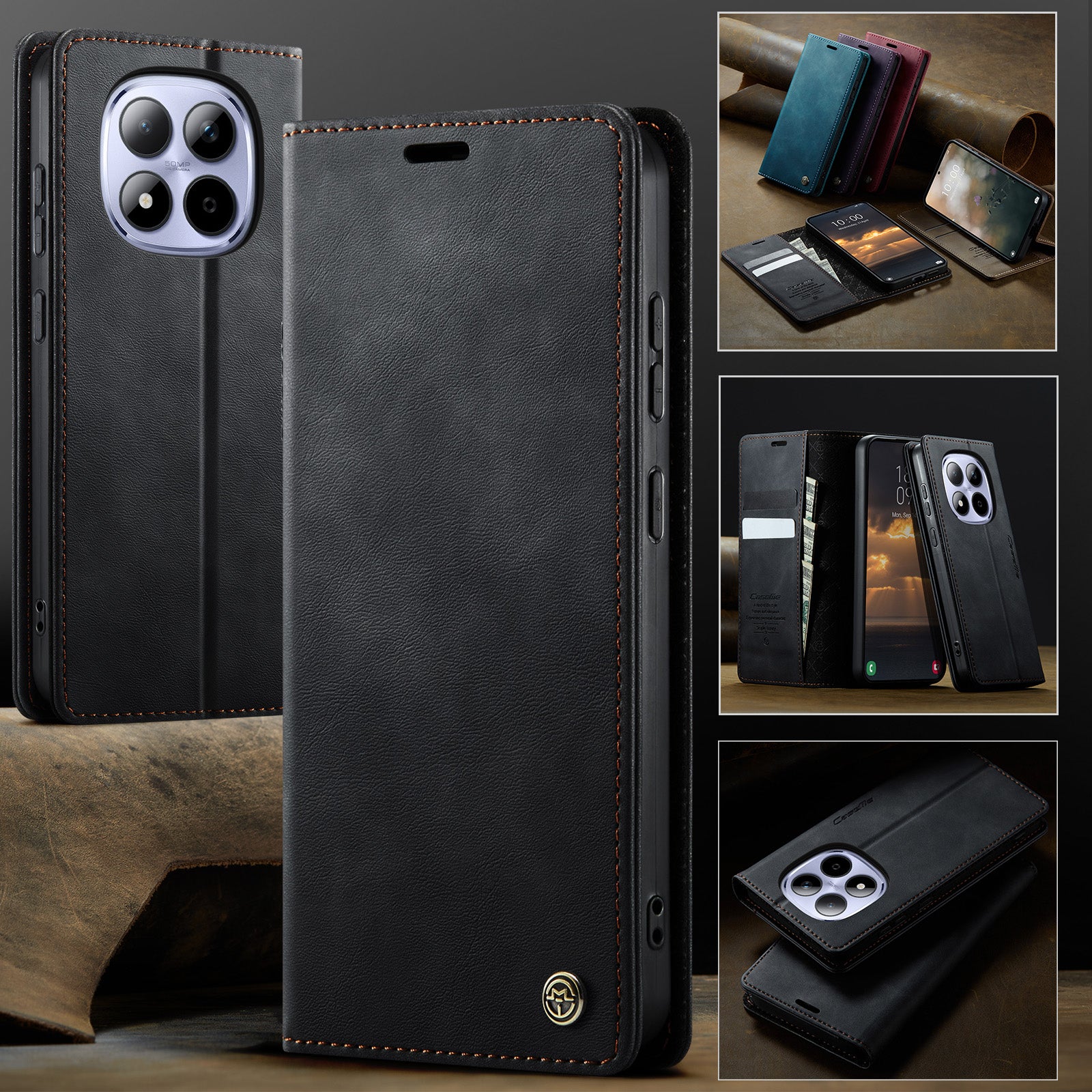 For Xiaomi Redmi Note 15 Pro 4G (Global) Case CASEME 033 Series RFID Blocking Wallet Stand Calf Texture Leather Phone Cover - Black