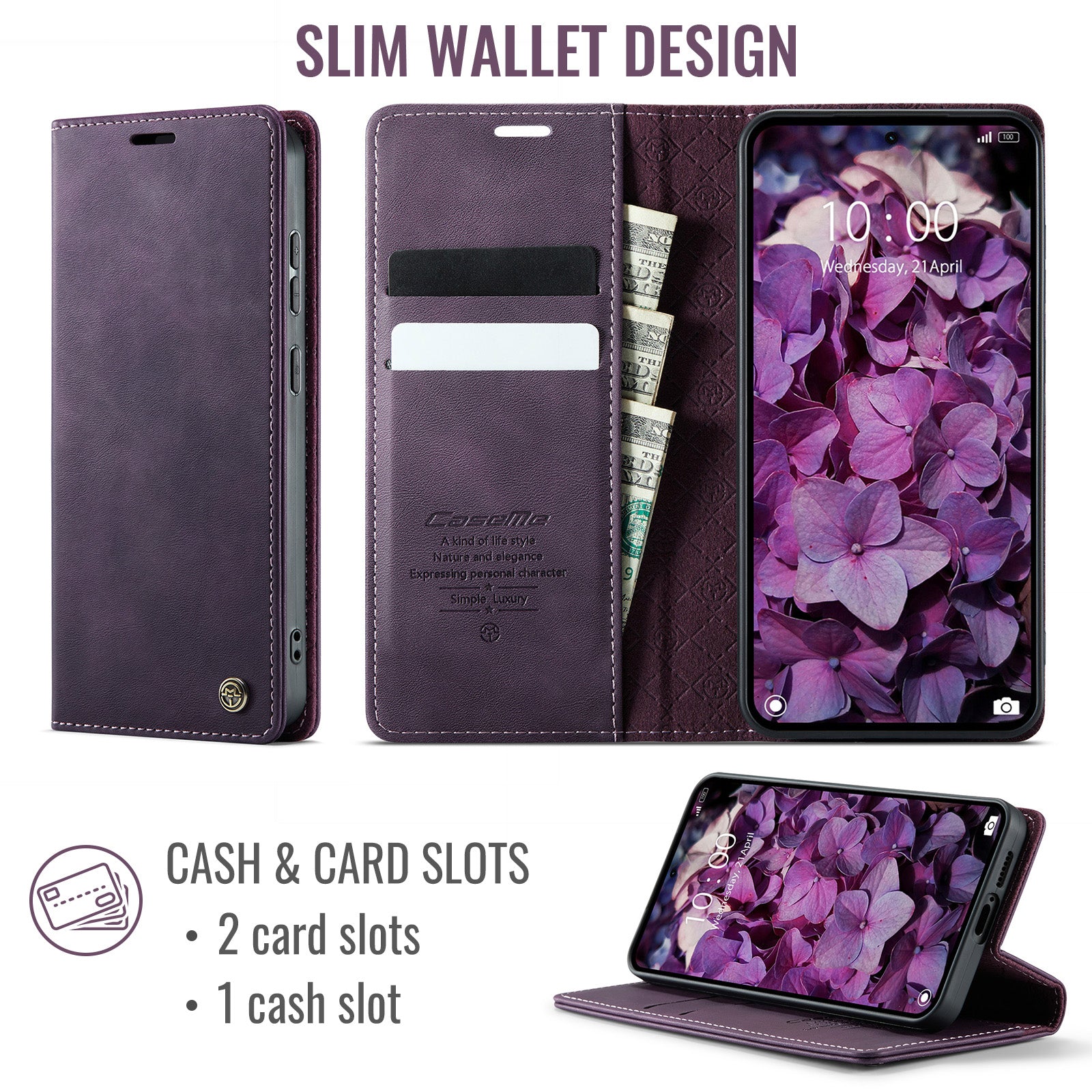 For Xiaomi Redmi Note 15 Pro 4G (Global) Case CASEME 033 Series RFID Blocking Wallet Stand Calf Texture Leather Phone Cover - Purple