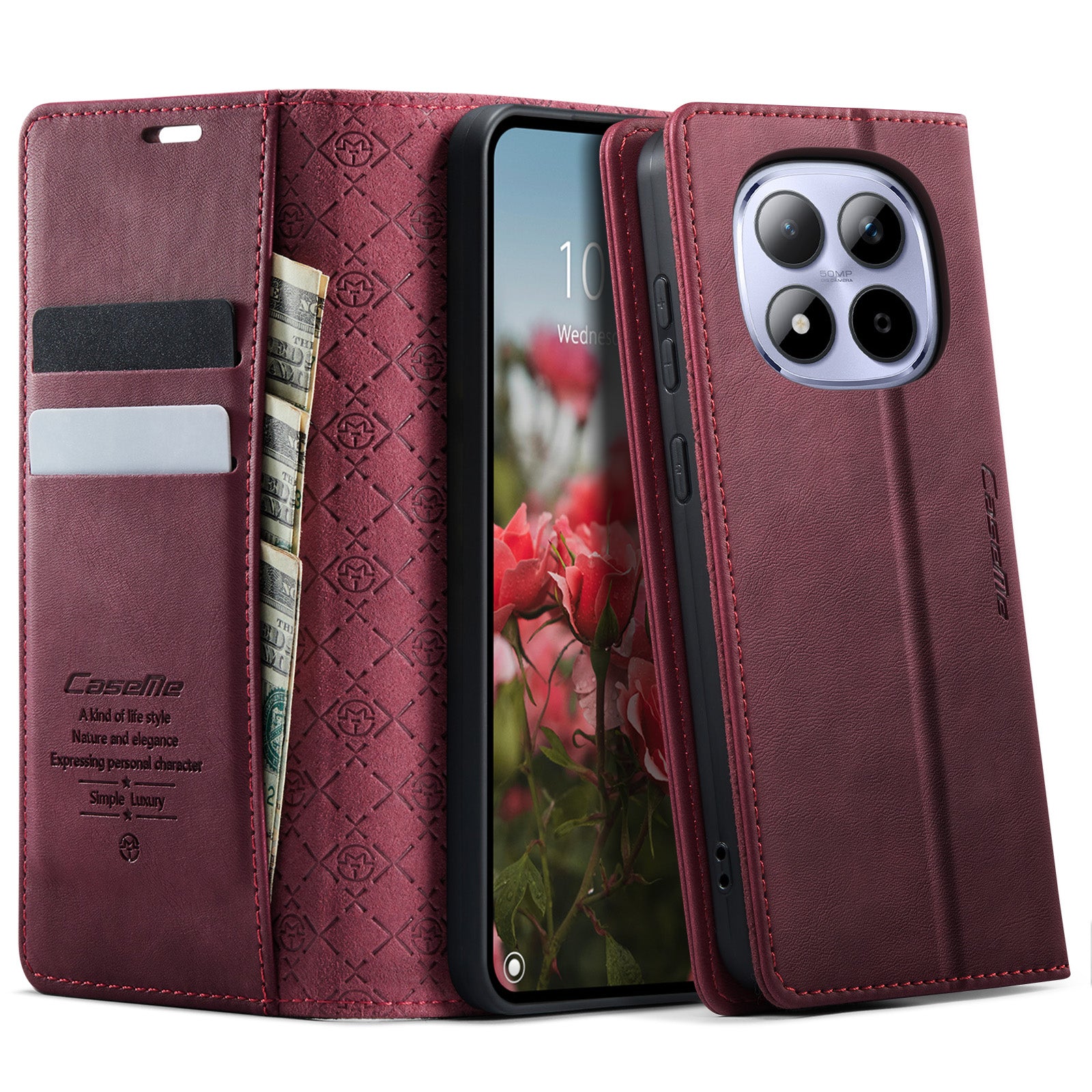 For Xiaomi Redmi Note 15 Pro 4G (Global) Case CASEME 033 Series RFID Blocking Wallet Stand Calf Texture Leather Phone Cover - Red