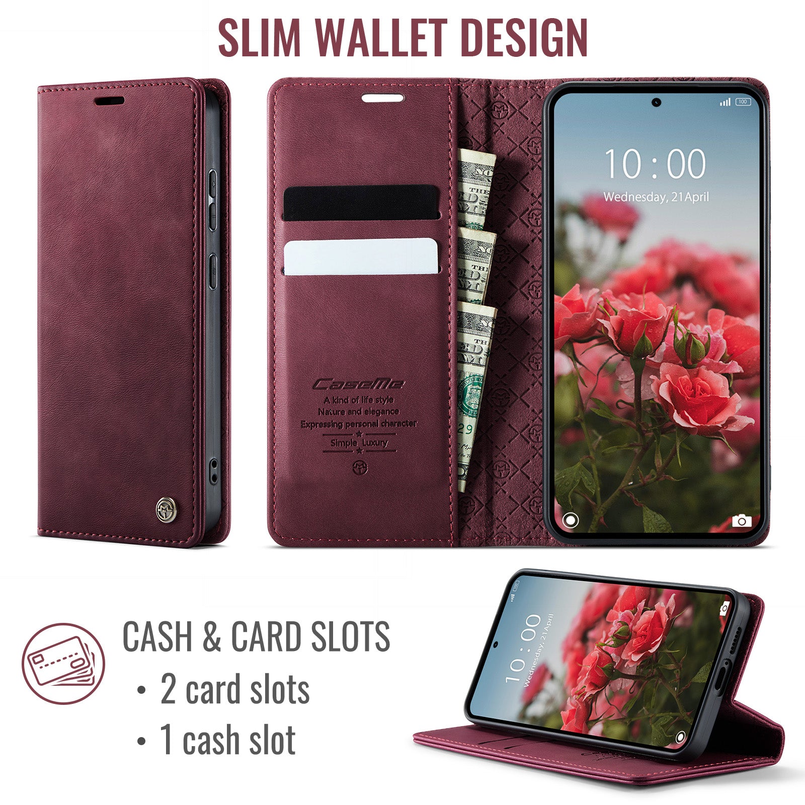 For Xiaomi Redmi Note 15 Pro 4G (Global) Case CASEME 033 Series RFID Blocking Wallet Stand Calf Texture Leather Phone Cover - Red