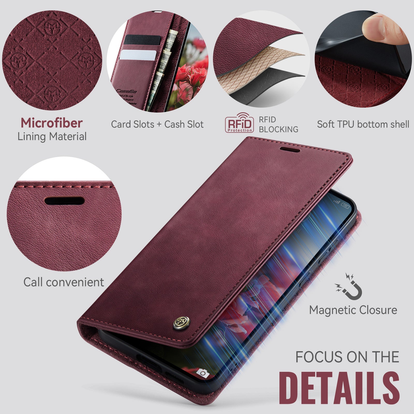 For Xiaomi Redmi Note 15 Pro 4G (Global) Case CASEME 033 Series RFID Blocking Wallet Stand Calf Texture Leather Phone Cover - Red
