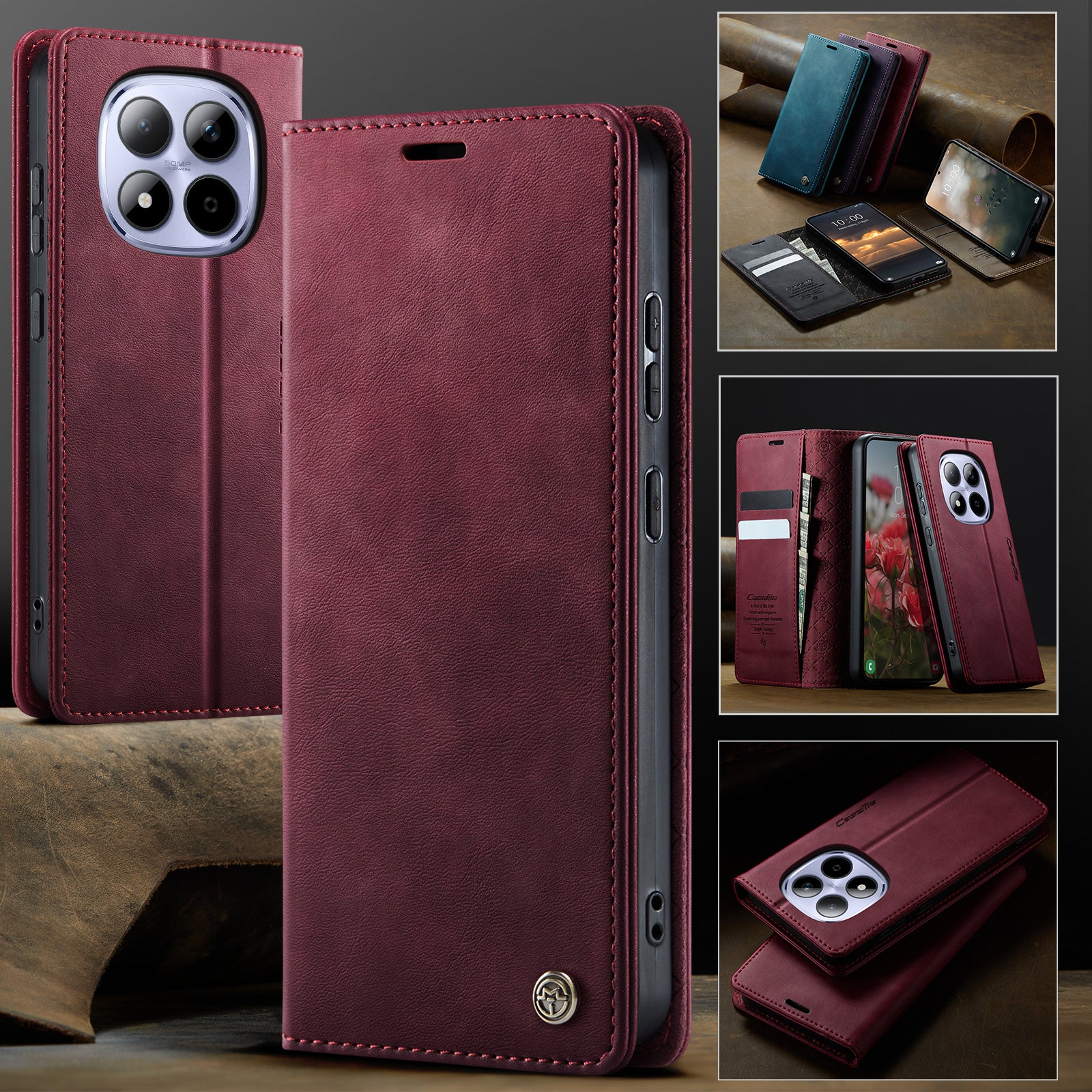 For Xiaomi Redmi Note 15 Pro 4G (Global) Case CASEME 033 Series RFID Blocking Wallet Stand Calf Texture Leather Phone Cover - Red