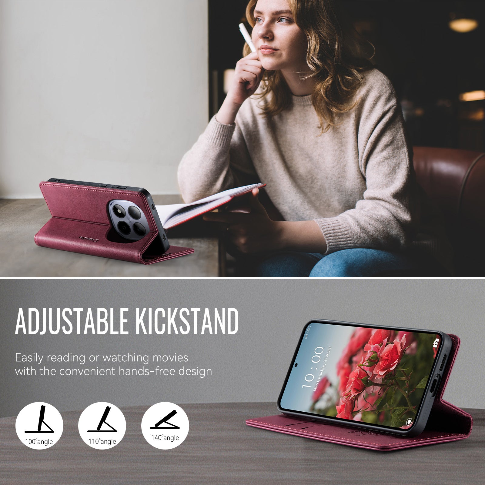 For Xiaomi Redmi Note 15 Pro 4G (Global) Case CASEME 033 Series RFID Blocking Wallet Stand Calf Texture Leather Phone Cover - Red