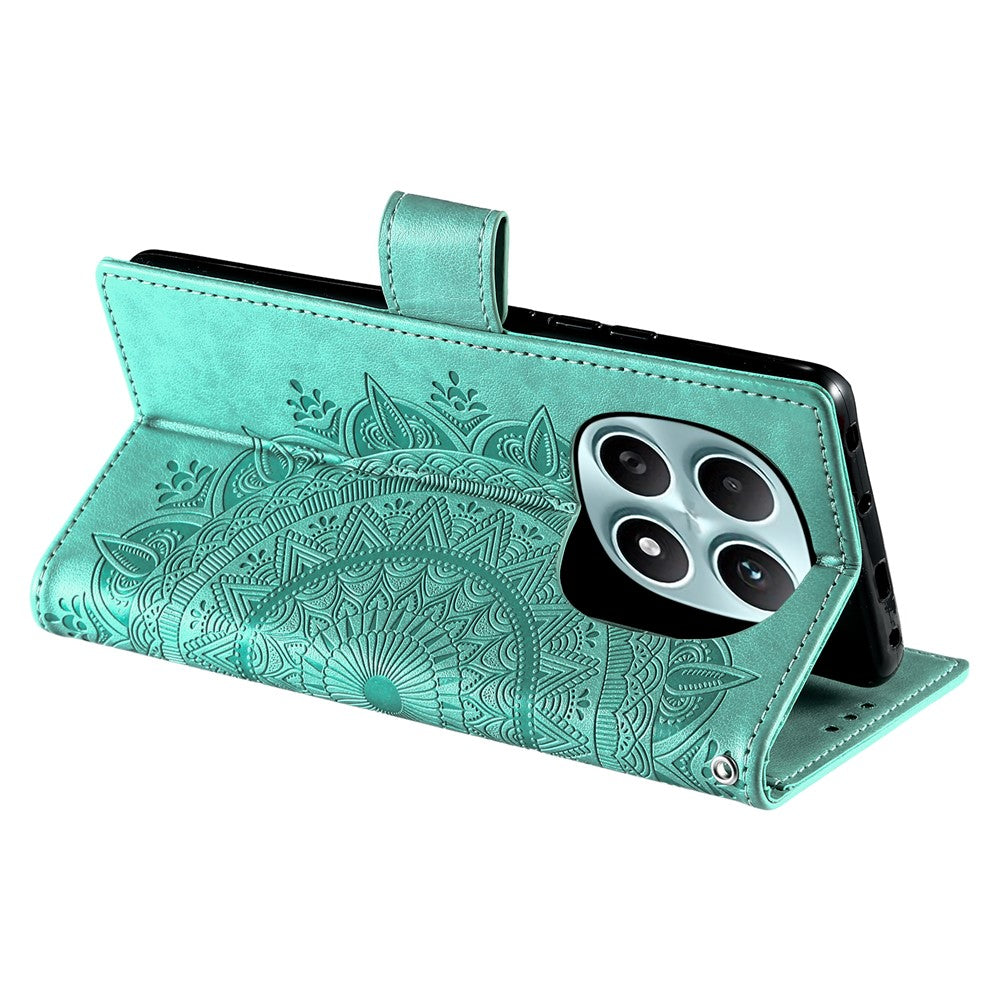 For Xiaomi Redmi Note 15 4G (Global) Stand Case Imprinted Totem PU Leather Wallet Phone Cover with Wrist Strap - Mint Green