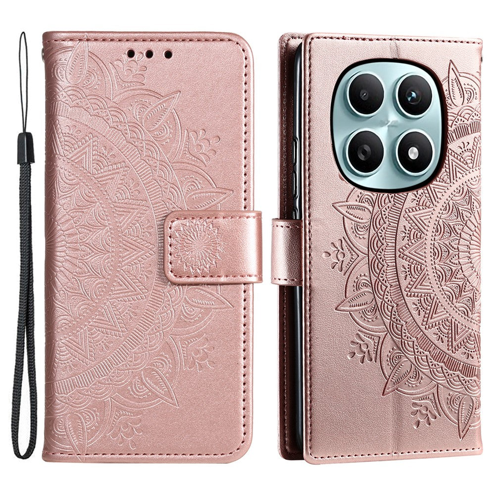For Xiaomi Redmi Note 15 4G (Global) Stand Case Imprinted Totem PU Leather Wallet Phone Cover with Wrist Strap - Rose Gold