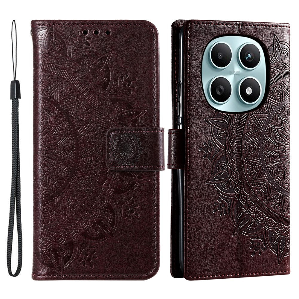 For Xiaomi Redmi Note 15 4G (Global) Stand Case Imprinted Totem PU Leather Wallet Phone Cover with Wrist Strap - Brown