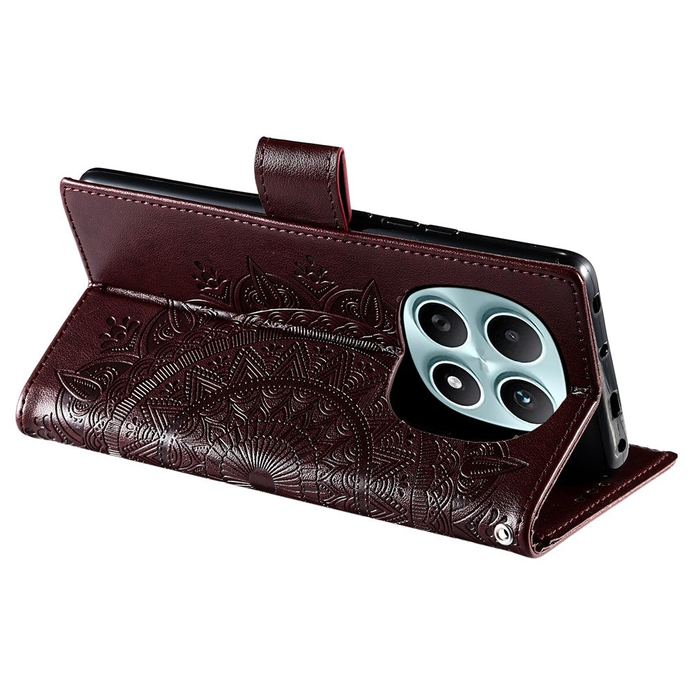 For Xiaomi Redmi Note 15 4G (Global) Stand Case Imprinted Totem PU Leather Wallet Phone Cover with Wrist Strap - Brown