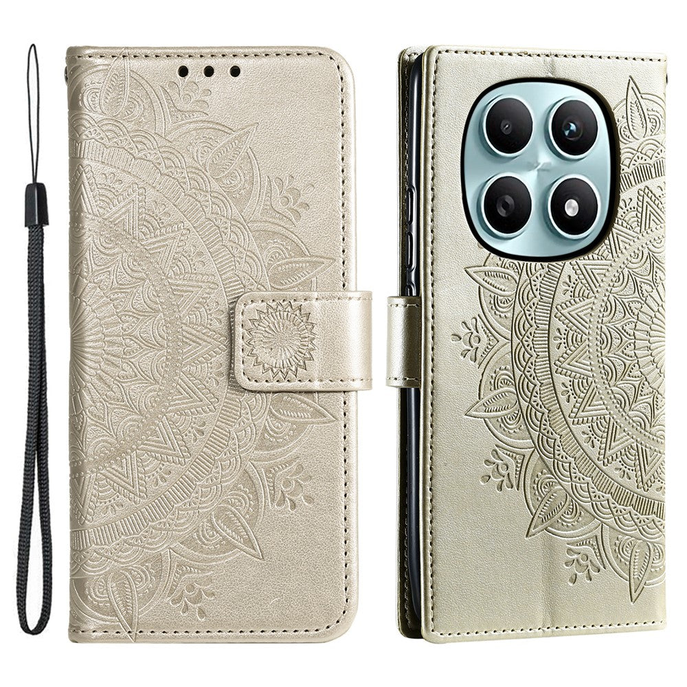 For Xiaomi Redmi Note 15 4G (Global) Stand Case Imprinted Totem PU Leather Wallet Phone Cover with Wrist Strap - Gold
