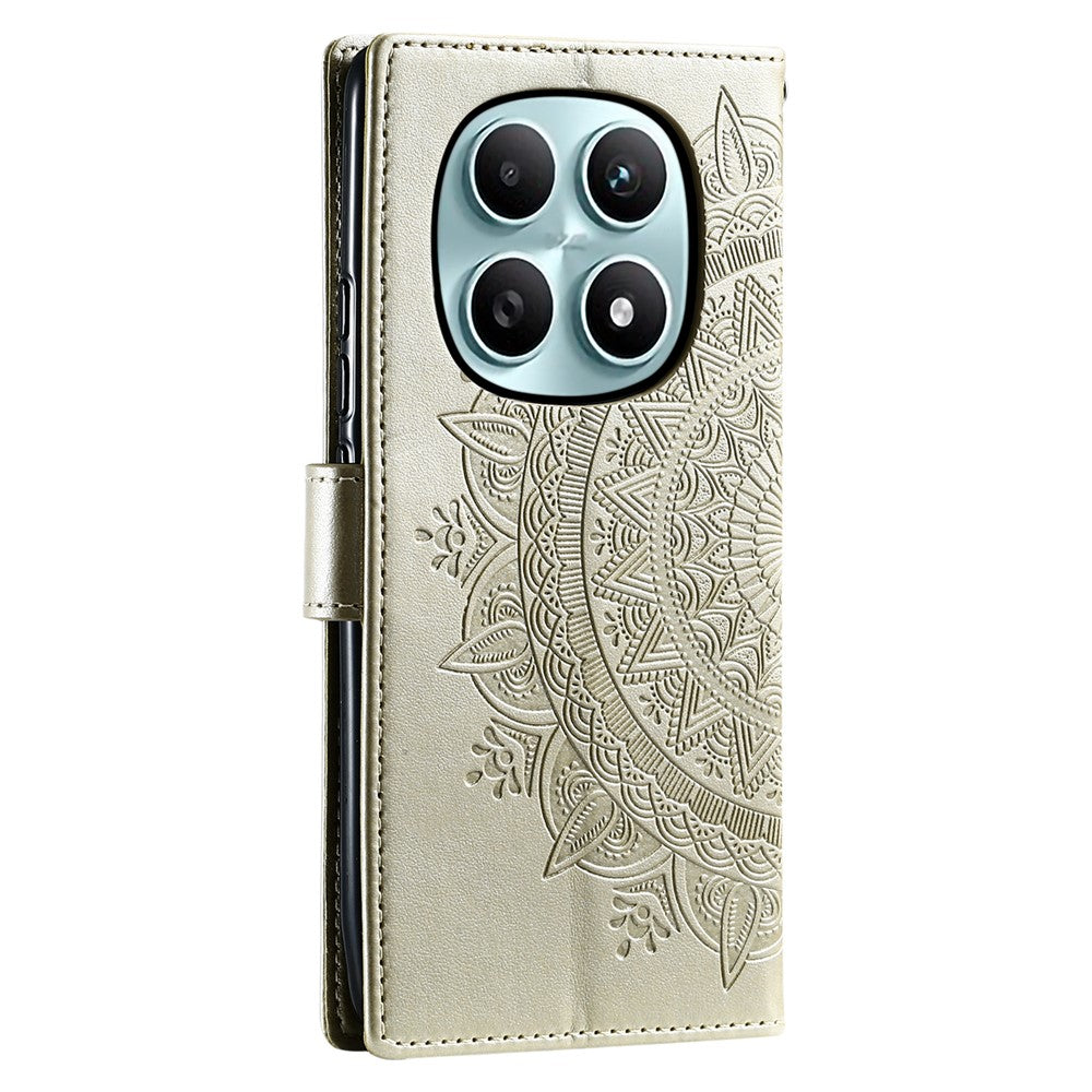 For Xiaomi Redmi Note 15 4G (Global) Stand Case Imprinted Totem PU Leather Wallet Phone Cover with Wrist Strap - Gold
