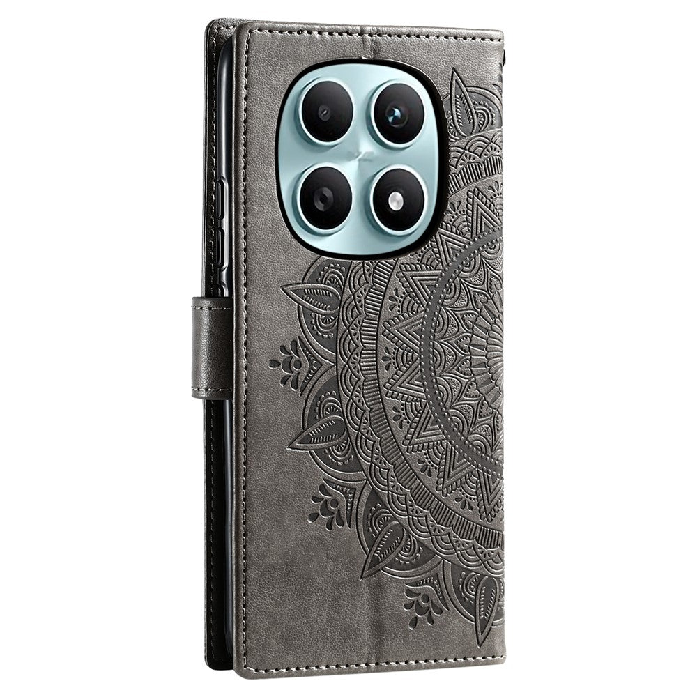For Xiaomi Redmi Note 15 4G (Global) Stand Case Imprinted Totem PU Leather Wallet Phone Cover with Wrist Strap - Grey