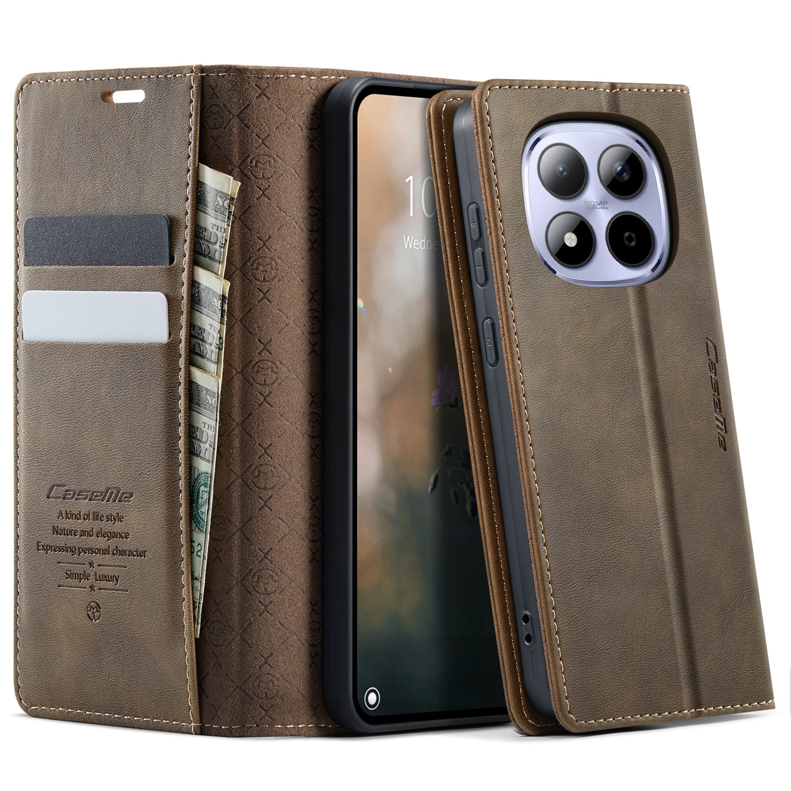 For Xiaomi Redmi Note 15 Pro 5G (Global) Case CASEME 033 Series RFID Blocking Wallet Stand Calf Texture Leather Phone Cover - Coffee