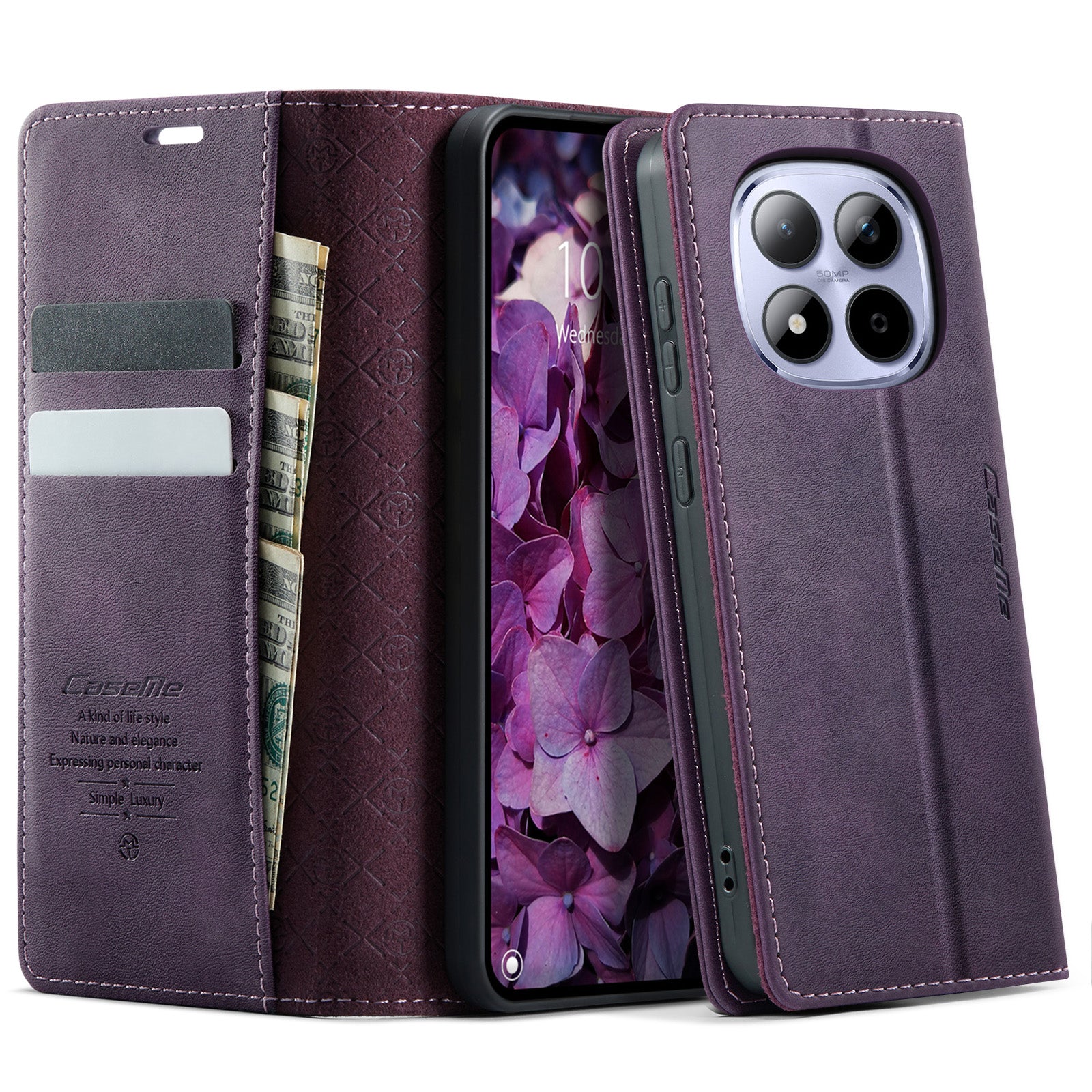 For Xiaomi Redmi Note 15 Pro 5G (Global) Case CASEME 033 Series RFID Blocking Wallet Stand Calf Texture Leather Phone Cover - Purple