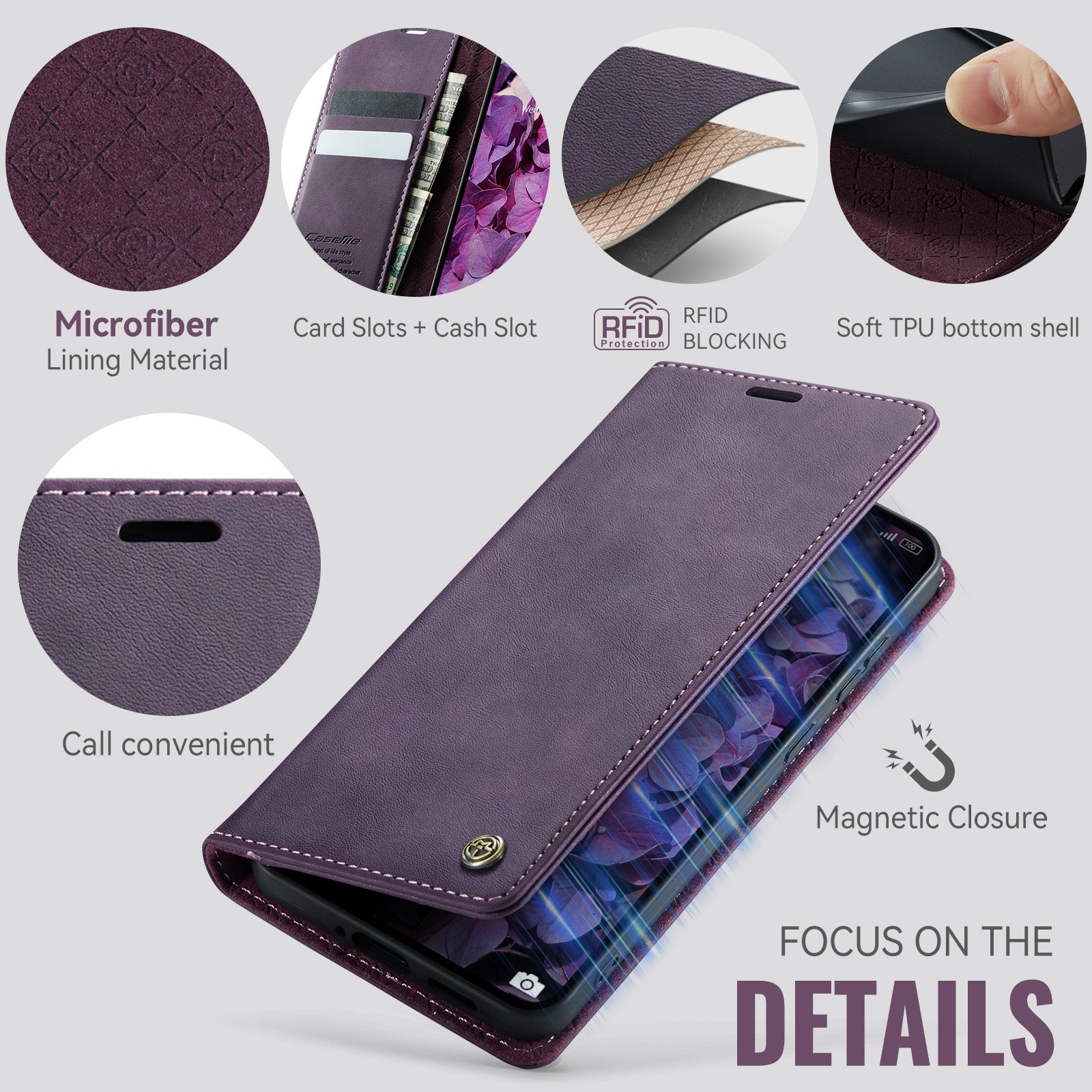 For Xiaomi Redmi Note 15 Pro 5G (Global) Case CASEME 033 Series RFID Blocking Wallet Stand Calf Texture Leather Phone Cover - Purple