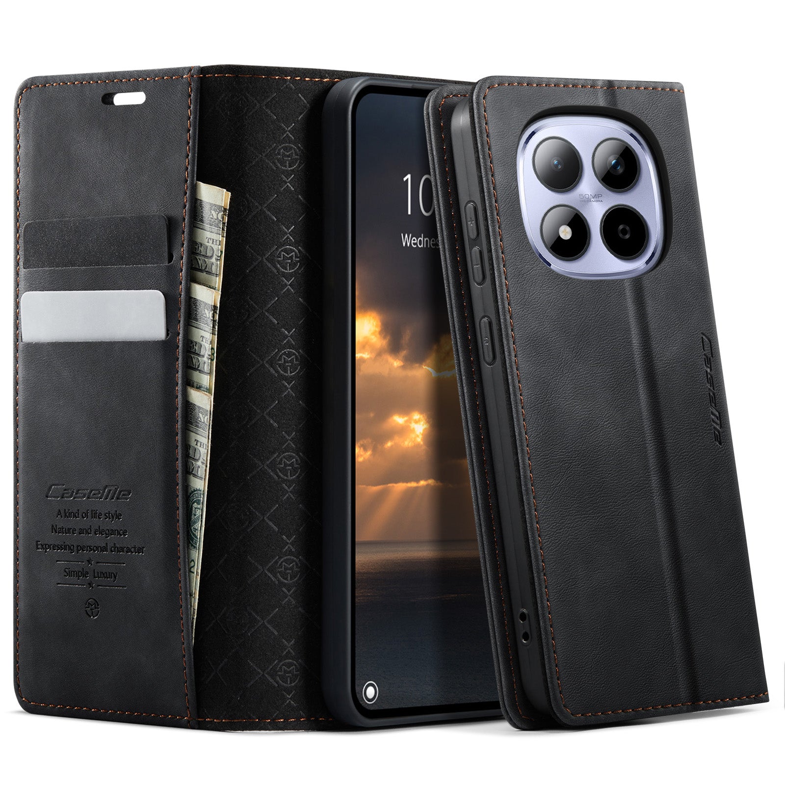 For Xiaomi Redmi Note 15 Pro 5G (Global) Case CASEME 033 Series RFID Blocking Wallet Stand Calf Texture Leather Phone Cover - Black