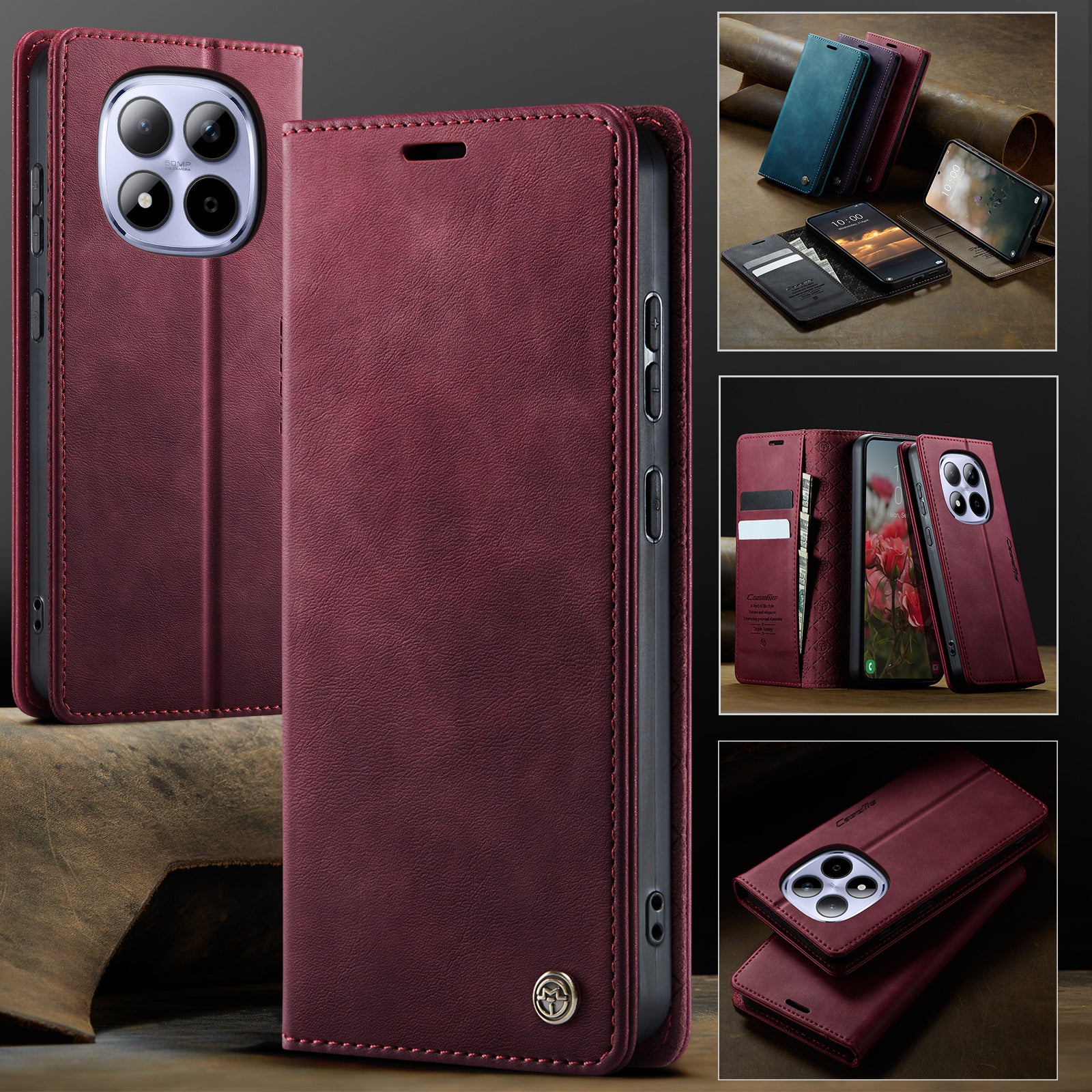 For Xiaomi Redmi Note 15 Pro 5G (Global) Case CASEME 033 Series RFID Blocking Wallet Stand Calf Texture Leather Phone Cover - Red
