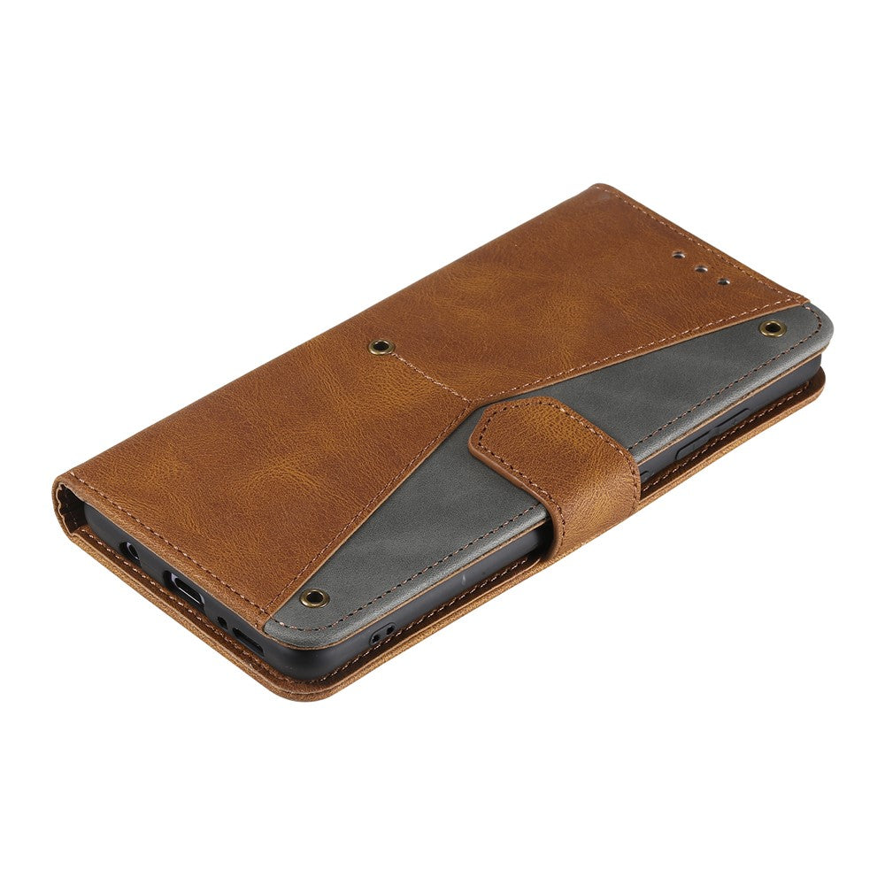 For Xiaomi Redmi Note 15 4G (Global) Leather Case Splicing Stitching Wallet Phone Cover with Wrist Strap - Brown