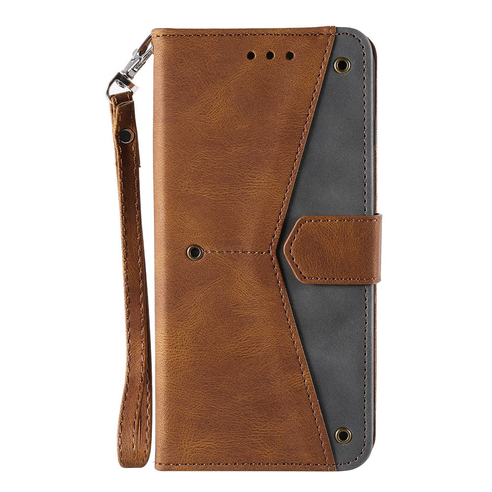 For Xiaomi Redmi Note 15 4G (Global) Leather Case Splicing Stitching Wallet Phone Cover with Wrist Strap - Brown