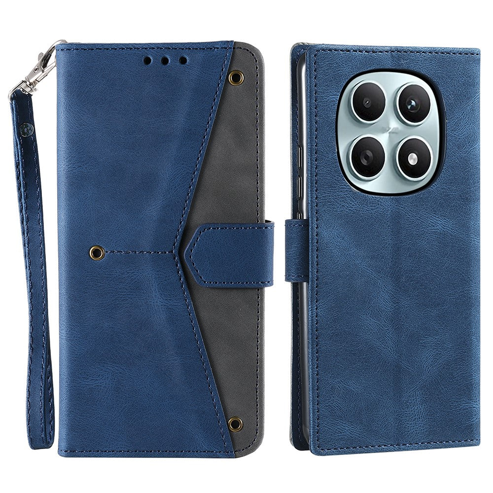 For Xiaomi Redmi Note 15 4G (Global) Leather Case Splicing Stitching Wallet Phone Cover with Wrist Strap - Blue