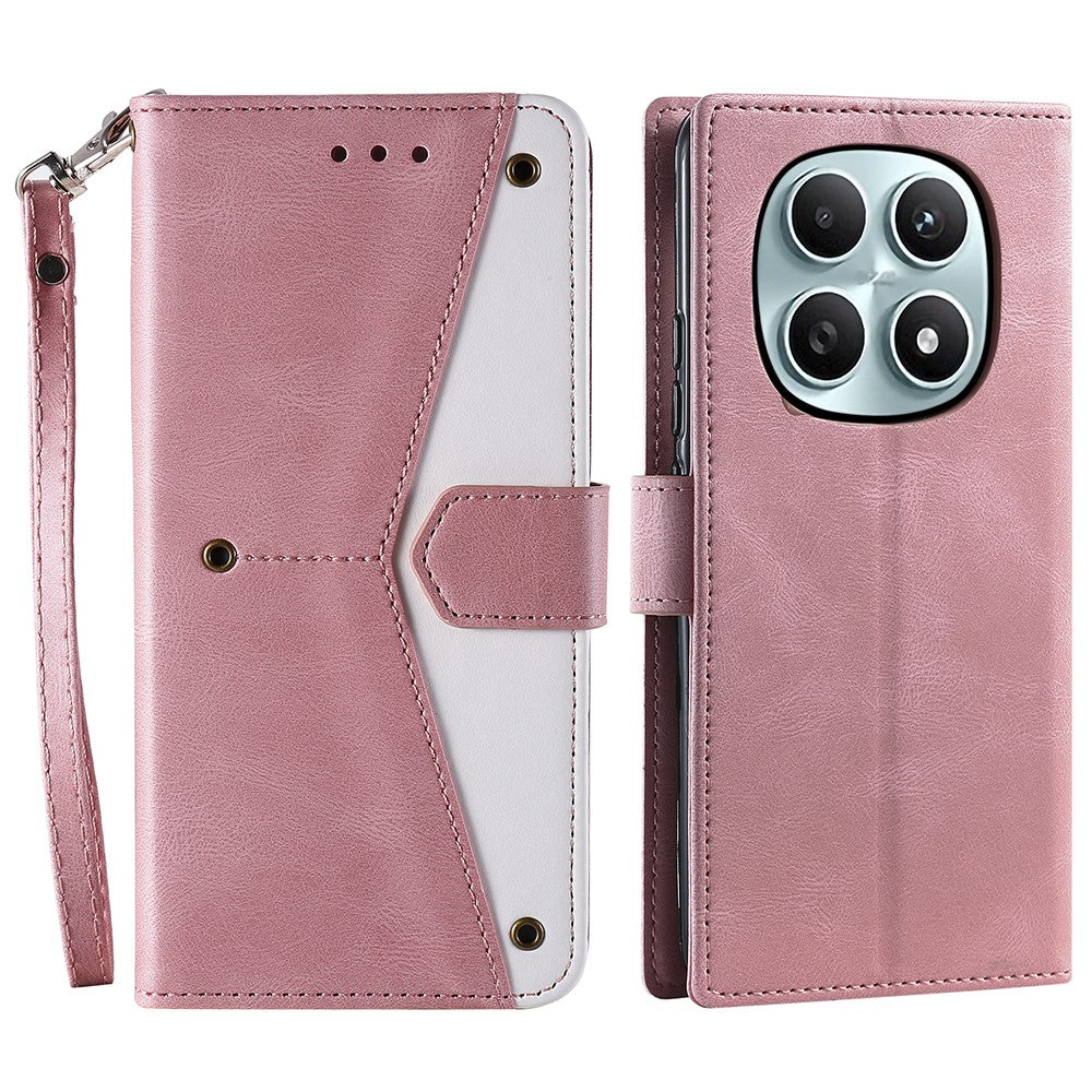 For Xiaomi Redmi Note 15 4G (Global) Leather Case Splicing Stitching Wallet Phone Cover with Wrist Strap - Rose Gold