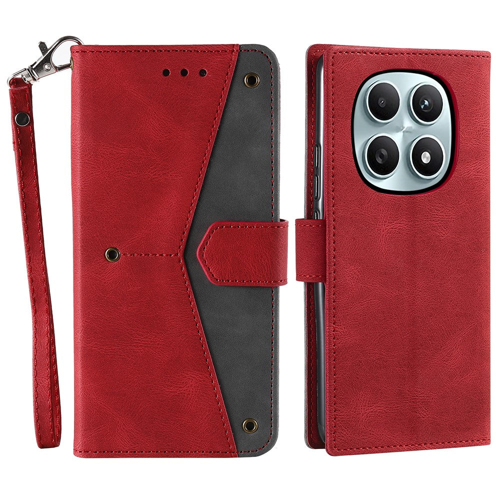 For Xiaomi Redmi Note 15 4G (Global) Leather Case Splicing Stitching Wallet Phone Cover with Wrist Strap - Red