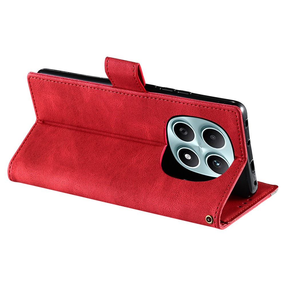 For Xiaomi Redmi Note 15 4G (Global) Leather Case Splicing Stitching Wallet Phone Cover with Wrist Strap - Red