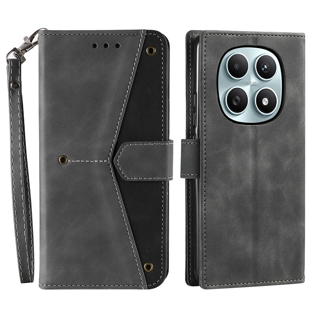 For Xiaomi Redmi Note 15 4G (Global) Leather Case Splicing Stitching Wallet Phone Cover with Wrist Strap - Grey