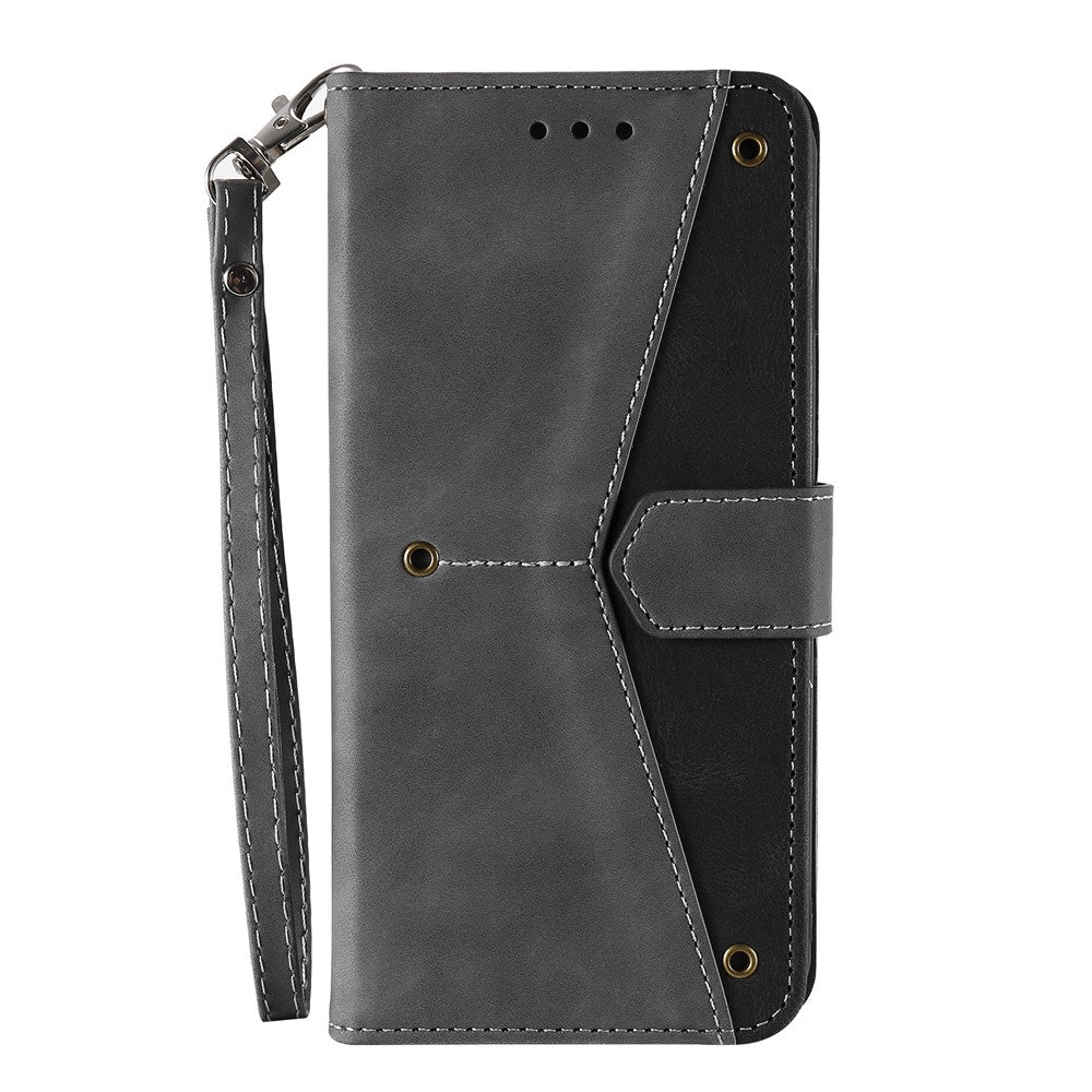 For Xiaomi Redmi Note 15 4G (Global) Leather Case Splicing Stitching Wallet Phone Cover with Wrist Strap - Grey