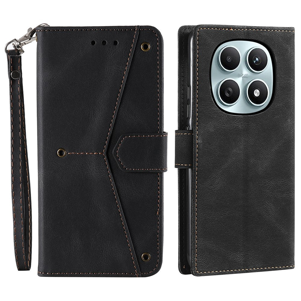 For Xiaomi Redmi Note 15 4G (Global) Leather Case Splicing Stitching Wallet Phone Cover with Wrist Strap - Black