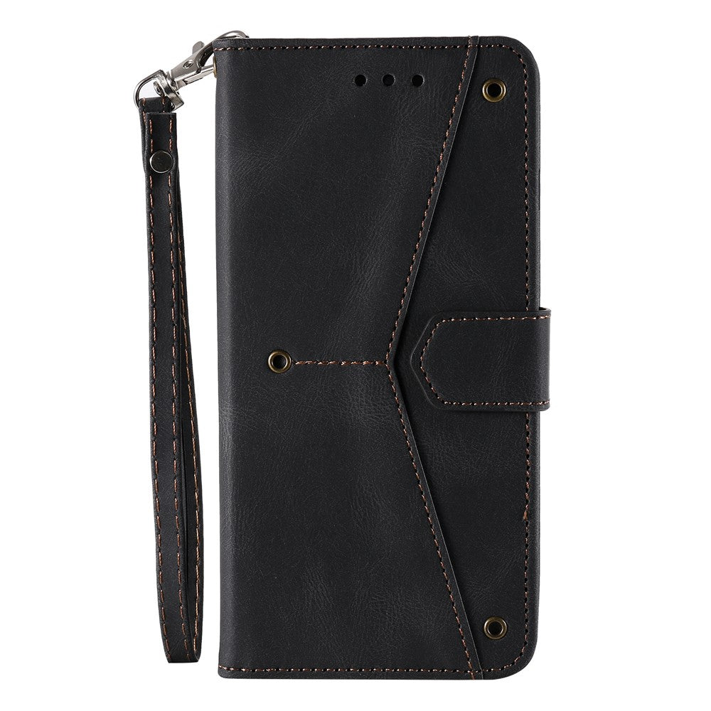 For Xiaomi Redmi Note 15 4G (Global) Leather Case Splicing Stitching Wallet Phone Cover with Wrist Strap - Black