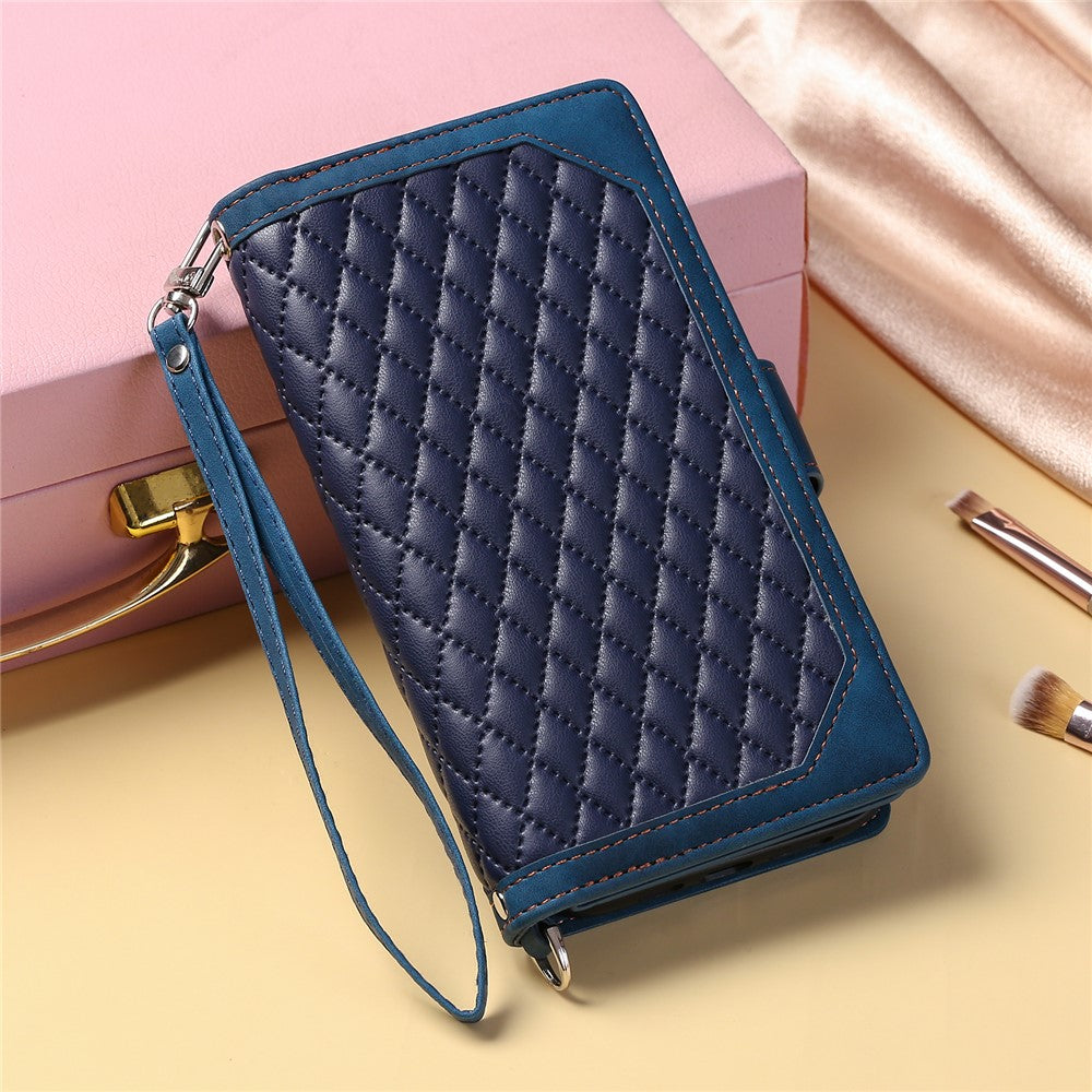 For Xiaomi Redmi Note 15 Pro 4G (Global) Wallet Case Rhombus Stitching Line PU Leather Phone Cover with Wrist Strap - Blue