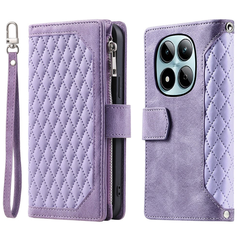 For Xiaomi Redmi Note 15 Pro 4G (Global) Wallet Case Rhombus Stitching Line PU Leather Phone Cover with Wrist Strap - Purple