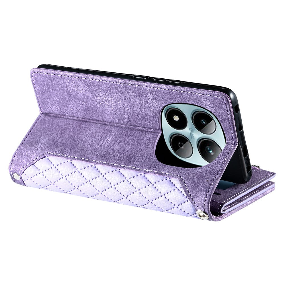 For Xiaomi Redmi Note 15 Pro 4G (Global) Wallet Case Rhombus Stitching Line PU Leather Phone Cover with Wrist Strap - Purple