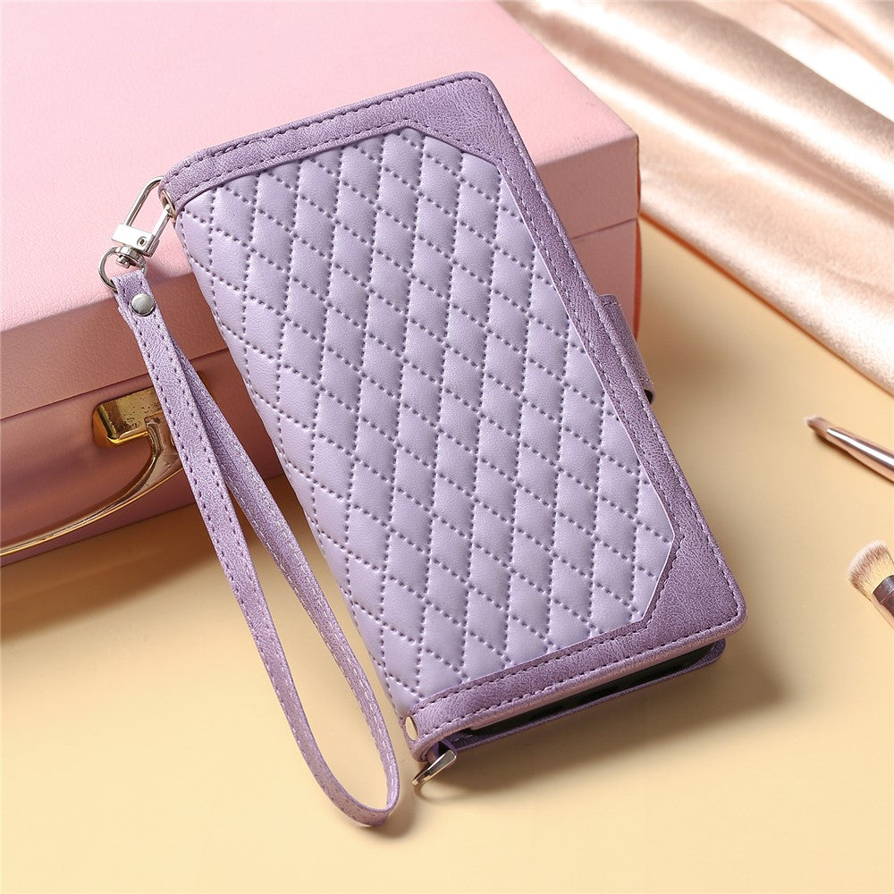 For Xiaomi Redmi Note 15 Pro 4G (Global) Wallet Case Rhombus Stitching Line PU Leather Phone Cover with Wrist Strap - Purple