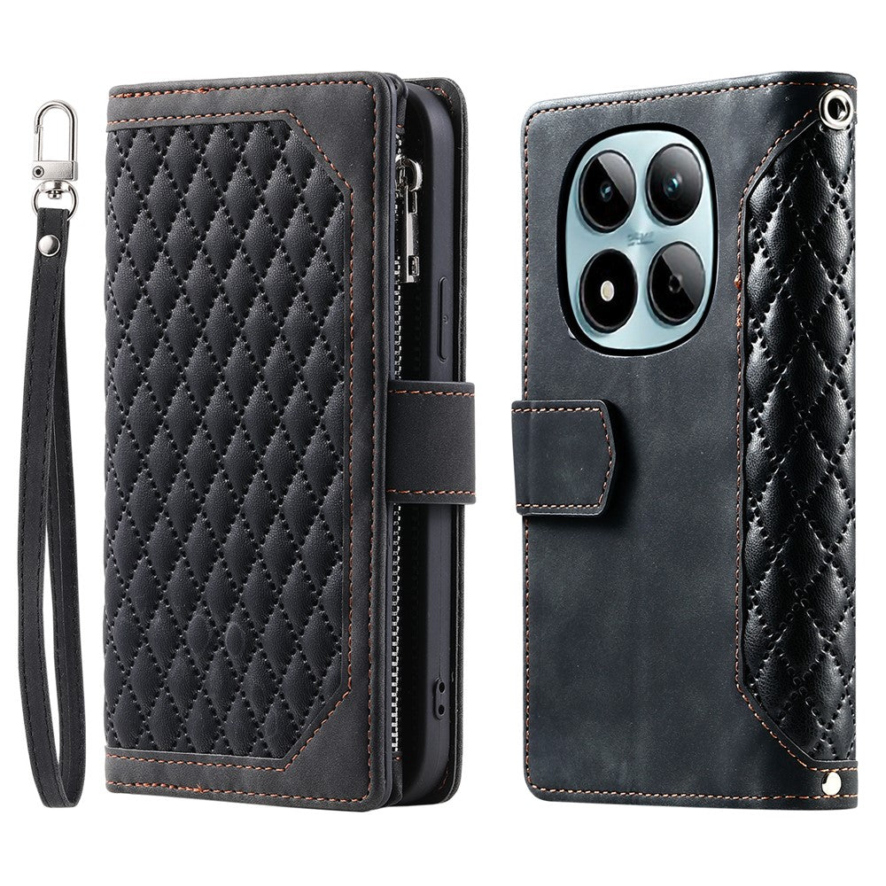 For Xiaomi Redmi Note 15 Pro 4G (Global) Wallet Case Rhombus Stitching Line PU Leather Phone Cover with Wrist Strap - Black