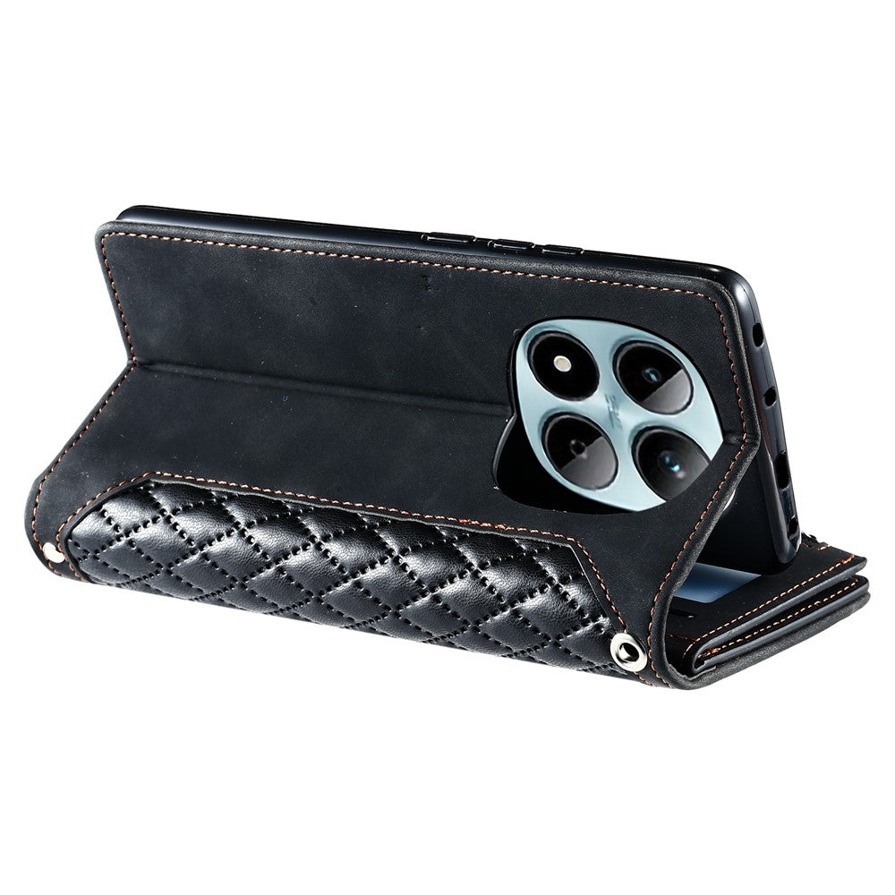 For Xiaomi Redmi Note 15 Pro 4G (Global) Wallet Case Rhombus Stitching Line PU Leather Phone Cover with Wrist Strap - Black