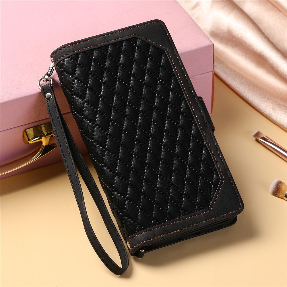 For Xiaomi Redmi Note 15 Pro 4G (Global) Wallet Case Rhombus Stitching Line PU Leather Phone Cover with Wrist Strap - Black