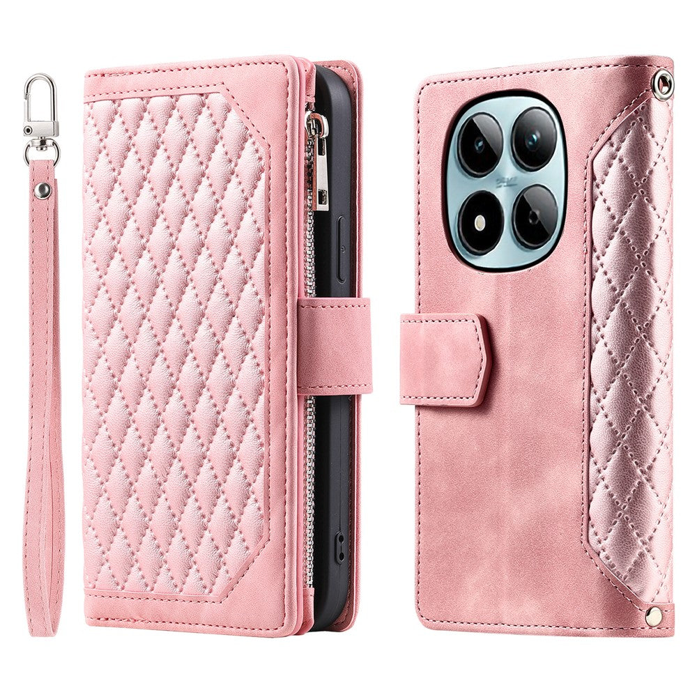 For Xiaomi Redmi Note 15 Pro 4G (Global) Wallet Case Rhombus Stitching Line PU Leather Phone Cover with Wrist Strap - Rose Gold