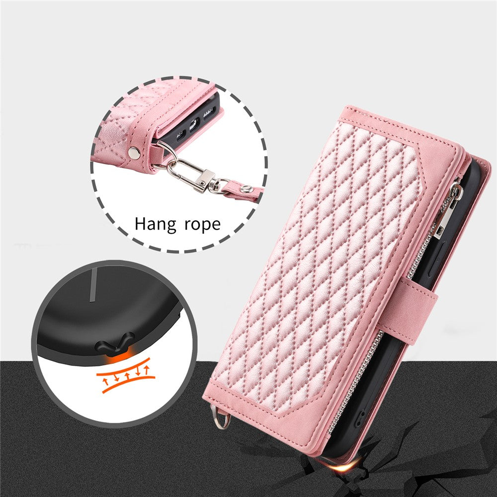 For Xiaomi Redmi Note 15 Pro 4G (Global) Wallet Case Rhombus Stitching Line PU Leather Phone Cover with Wrist Strap - Rose Gold