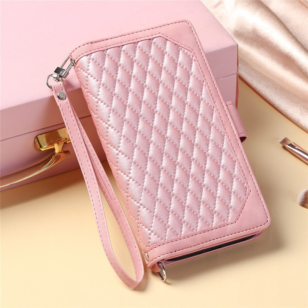 For Xiaomi Redmi Note 15 Pro 4G (Global) Wallet Case Rhombus Stitching Line PU Leather Phone Cover with Wrist Strap - Rose Gold