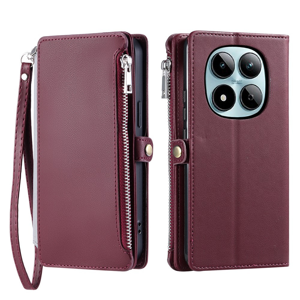 For Xiaomi Redmi Note 15 Pro 4G (Global) Case TPU + PU Leather Wallet Phone Cover with Wrist Strap - Wine Red