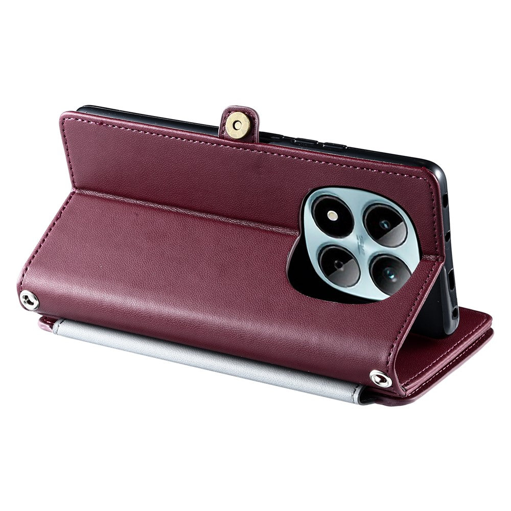 For Xiaomi Redmi Note 15 Pro 4G (Global) Case TPU + PU Leather Wallet Phone Cover with Wrist Strap - Wine Red