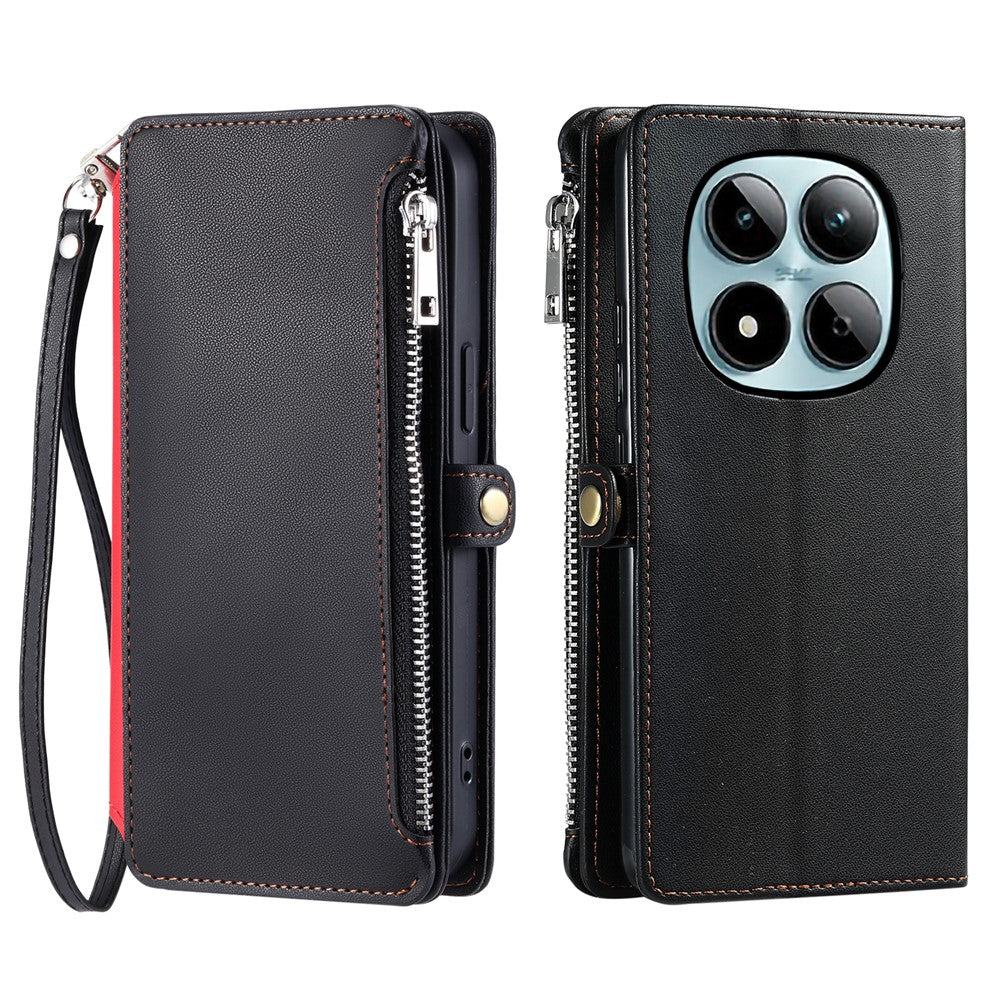 For Xiaomi Redmi Note 15 Pro 4G (Global) Case TPU + PU Leather Wallet Phone Cover with Wrist Strap - Black