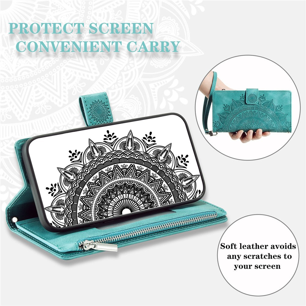 For Xiaomi Redmi Note 15 Pro 4G (Global) Wallet Case Mandala Flower Pattern PU Leather Phone Cover with Wrist Strap - Mint Green