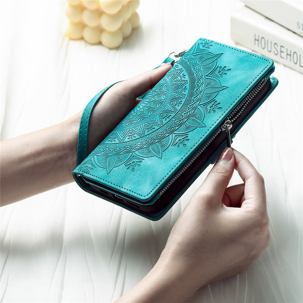 For Xiaomi Redmi Note 15 Pro 4G (Global) Wallet Case Mandala Flower Pattern PU Leather Phone Cover with Wrist Strap - Mint Green
