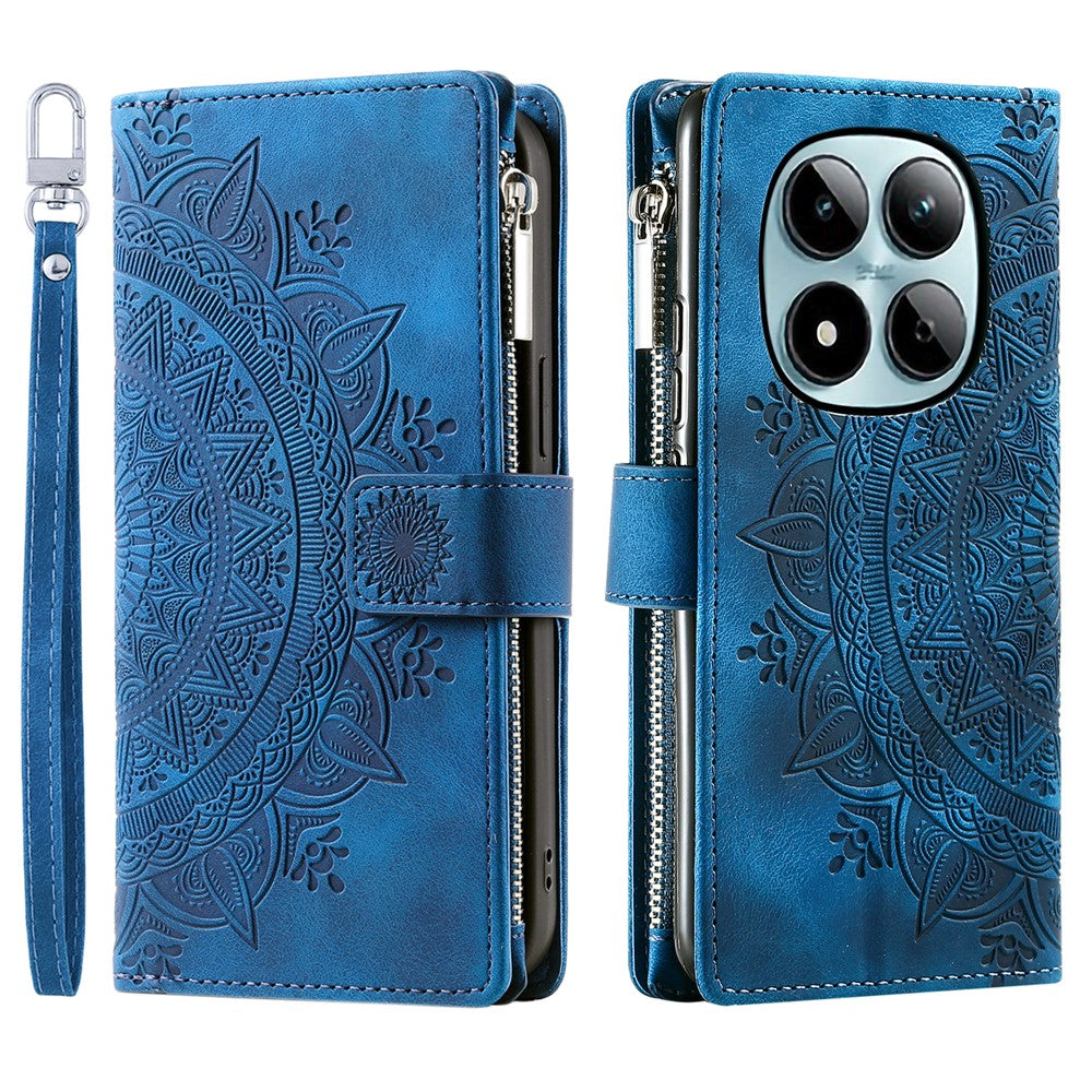 For Xiaomi Redmi Note 15 Pro 4G (Global) Wallet Case Mandala Flower Pattern PU Leather Phone Cover with Wrist Strap - Blue