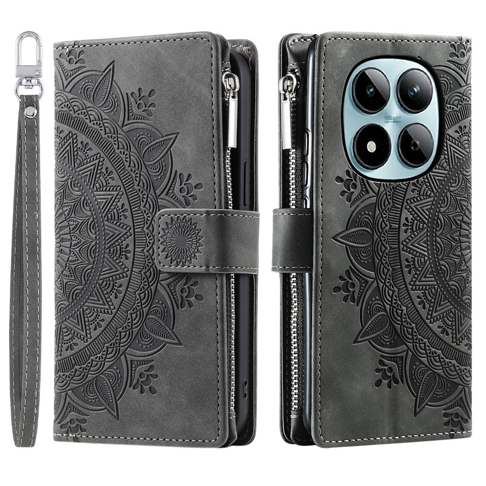 For Xiaomi Redmi Note 15 Pro 4G (Global) Wallet Case Mandala Flower Pattern PU Leather Phone Cover with Wrist Strap - Grey