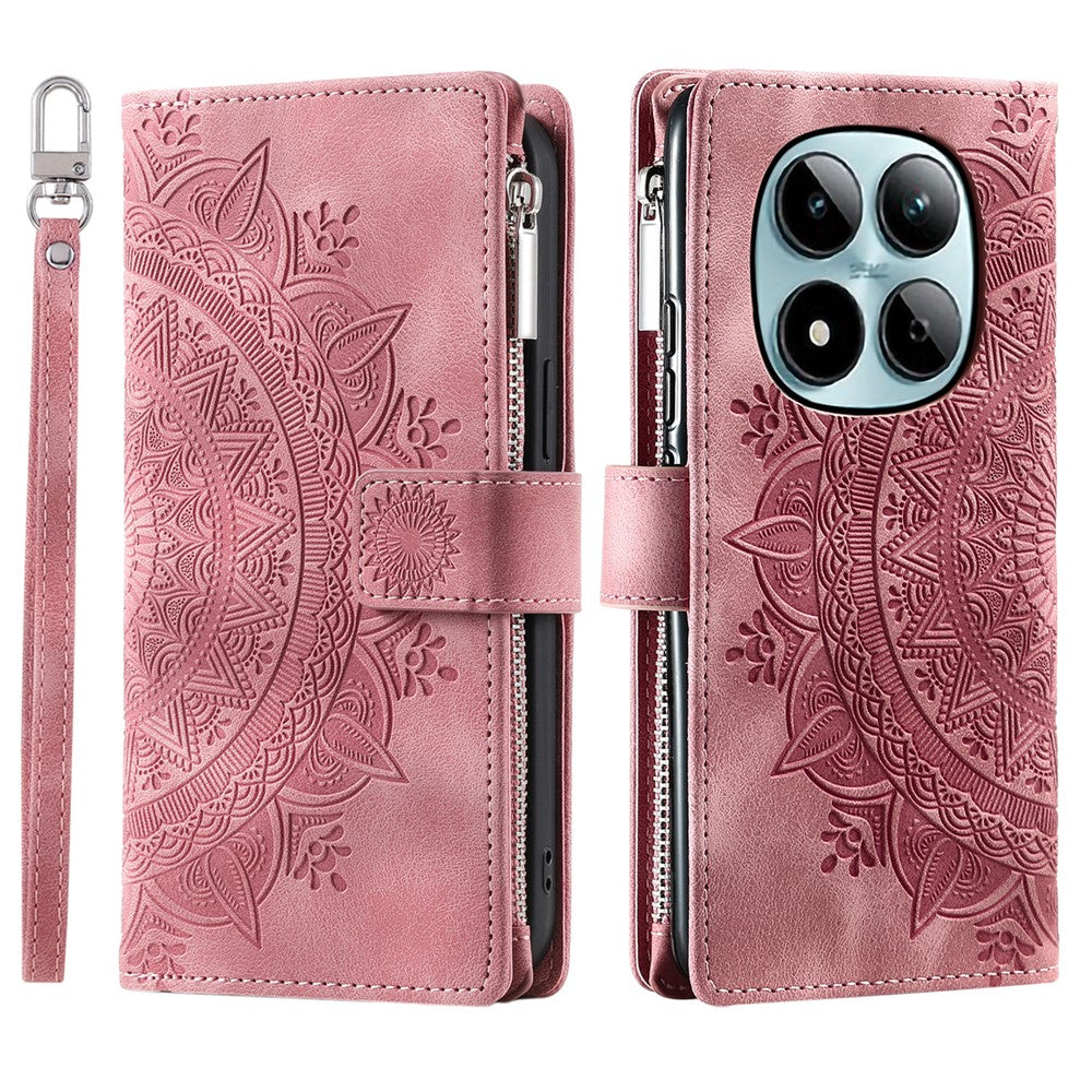 For Xiaomi Redmi Note 15 Pro 4G (Global) Wallet Case Mandala Flower Pattern PU Leather Phone Cover with Wrist Strap - Rose Gold