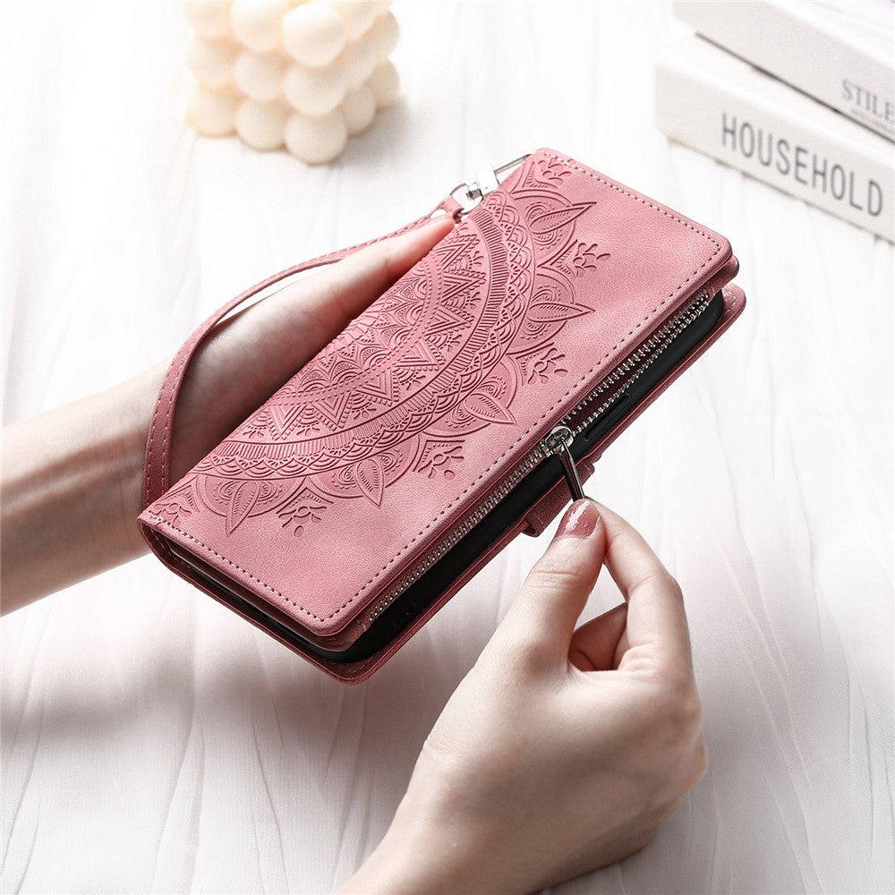 For Xiaomi Redmi Note 15 Pro 4G (Global) Wallet Case Mandala Flower Pattern PU Leather Phone Cover with Wrist Strap - Rose Gold