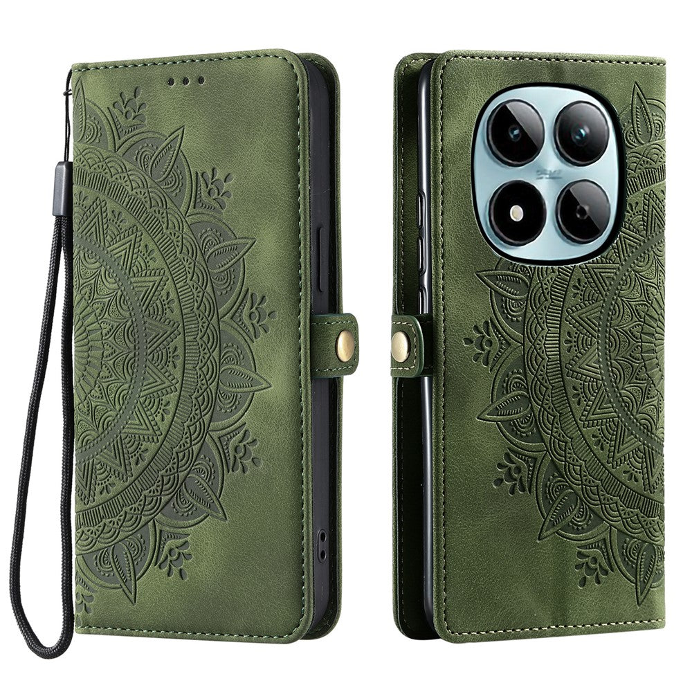 For Xiaomi Redmi Note 15 Pro 4G (Global) Case Skin Feel Totem Imprinted Wallet Leather Phone Cover with Hand Strap - Blackish Green