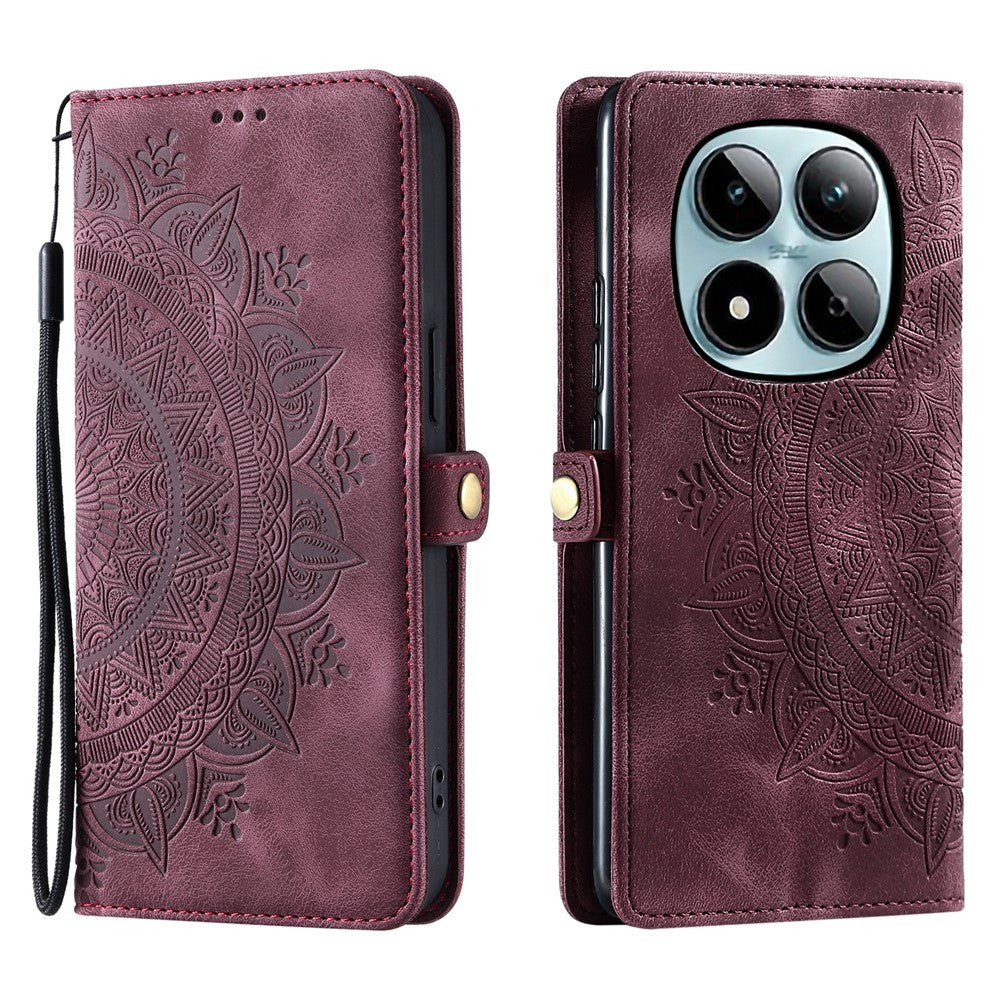 For Xiaomi Redmi Note 15 Pro 4G (Global) Case Skin Feel Totem Imprinted Wallet Leather Phone Cover with Hand Strap - Wine Red